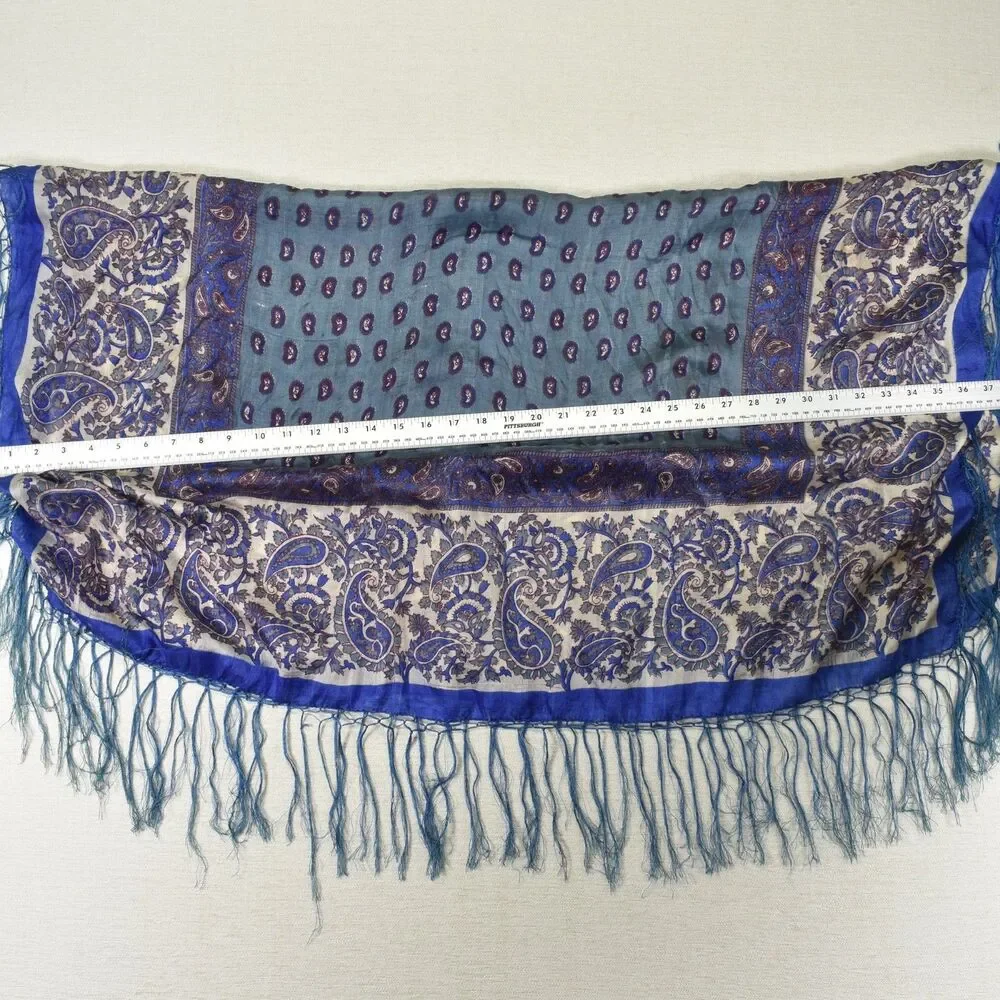VTG Made in India 100% Silk Square Scarf Blue Paisley Fringe Wrap Shawl 40x40